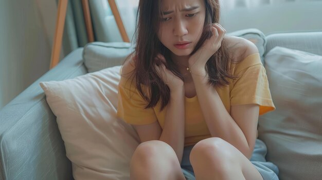 Sick young woman suffering from menstrual pain Woman with hands squeezing belly having painful stomach ache or period cramps sitting on sofa Abdominal pain gastritis and painful periods concept