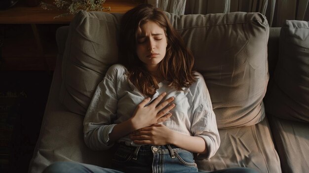 Photo sick young woman suffering from menstrual pain woman with hands squeezing belly having painful stomach ache or period cramps sitting on sofa abdominal pain gastritis and painful periods concept