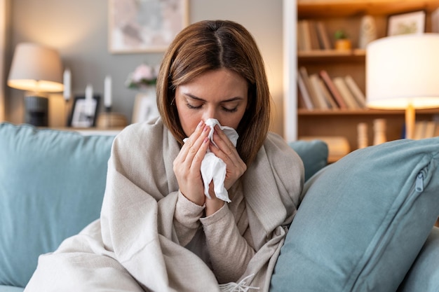 写真 病気 季節性ウイルス問題概念 女性が病気でインフルエンザを患ってソファに横たわっている 高熱でベッドに寝ている女性 寒流と片頭痛