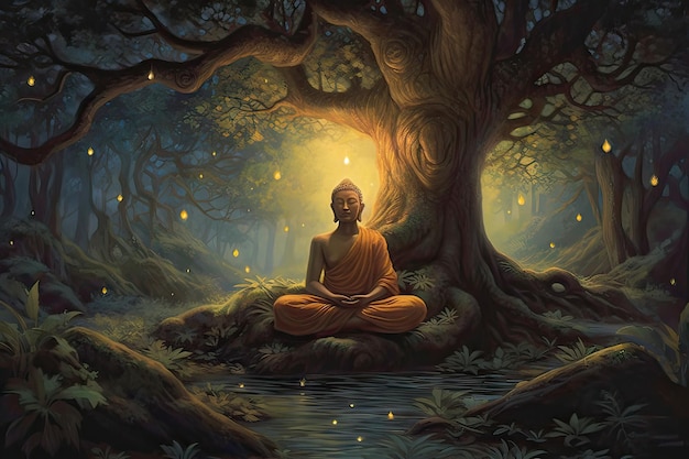 Сиддхартха Гаутама просветлен под генеративным искусственным интеллектом дерева бодхи