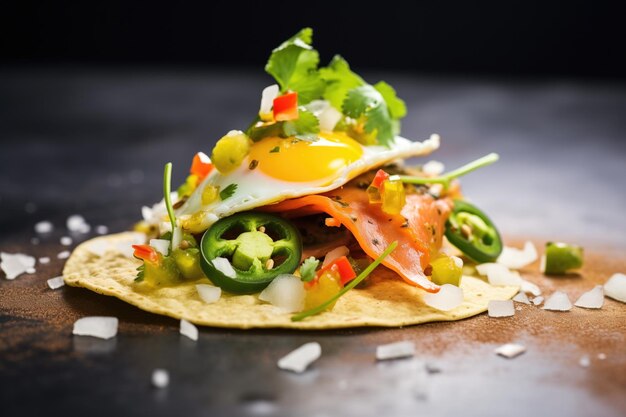 Side angle of eggs and salsa atop a crispy tortilla steam rising