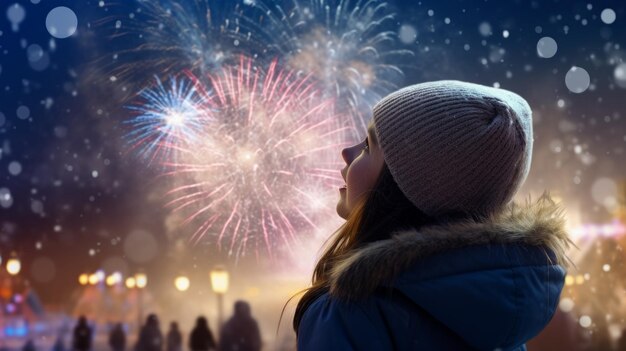 Side angle of girl wonderment as they watch their first new year fireworks display their eyes