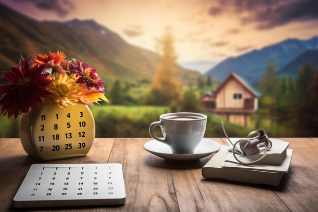 Photo side angle of a laptop on a desk with coffee beans scattered around