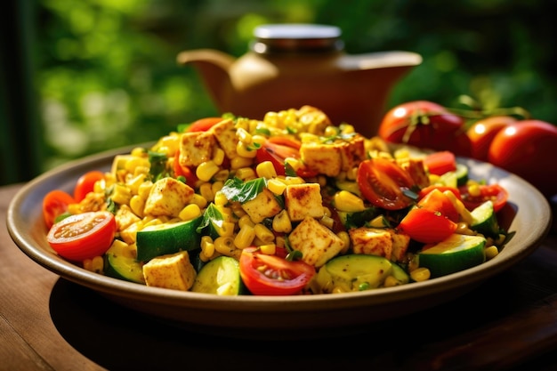 Photo a side angle shot displays a visually pleasing tofu scramble adorned with diced tomatoes zucchini and corn adding a refreshing burst of natural sweetness to the dish