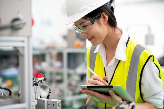 Side angle view of worker inspecting engineered automation machine in factory