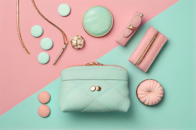 Side border of Stylish feminine accessories on the pastel background