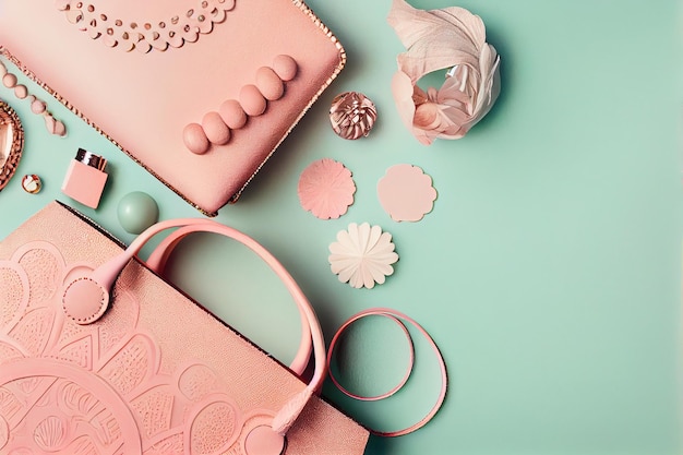 Side border of Stylish feminine accessories on the pastel background