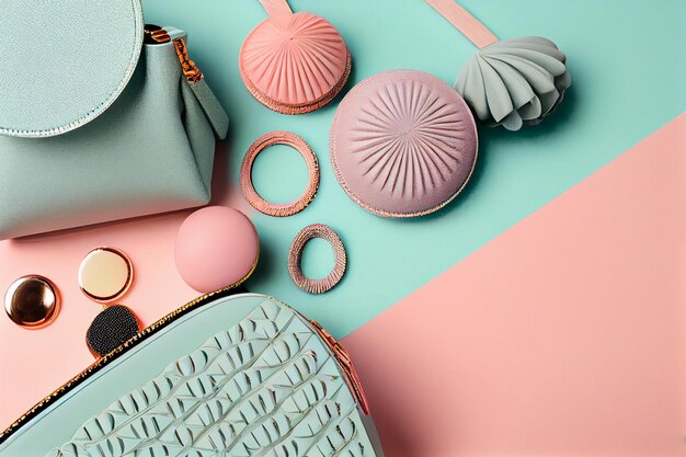 Side border of Stylish feminine accessories on the pastel background