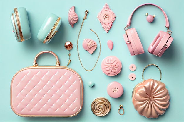 Side border of Stylish feminine accessories on the pastel background