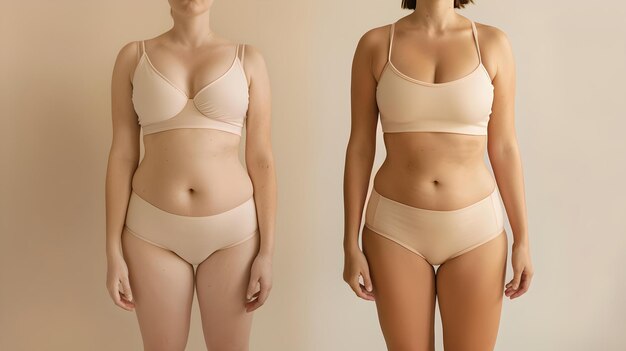 Foto side-by-side vergelijking van dames ondergoed op verschillende lichaamstypen subtiele tinten die natuurlijke schoonheid verbeteren ideaal voor kleding advertenties ai