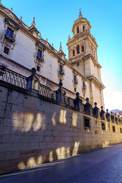 Side of the cathedral of Jaen next to a narrow alley of the city. Andalusia.