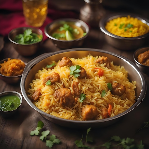 Side from above photo of delicious biriyani rice dish with meat and gravies and vegetable curries
