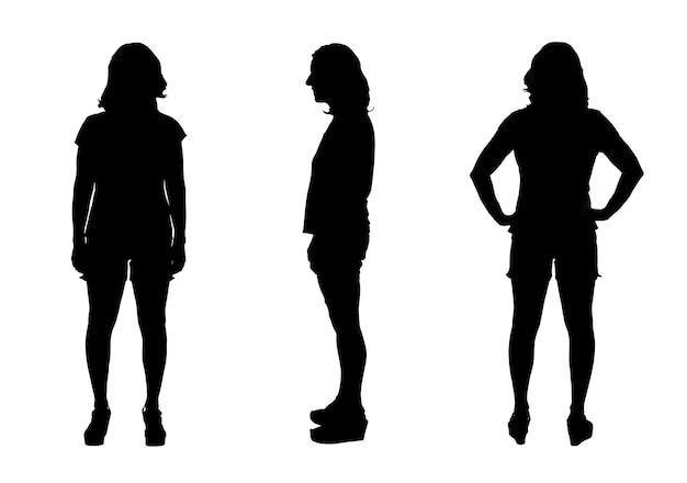 Photo side front and back view of a black and white silhouette of a woman wearing espadrilles and shorts