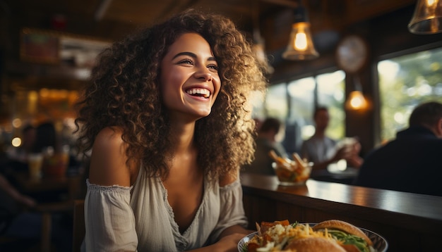 Photo a side look of girl while eating burger in restaurant