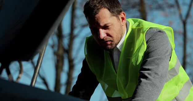 Side portrait of young businessman looking under the hood of broken down car. Helpless man need help and assistance.