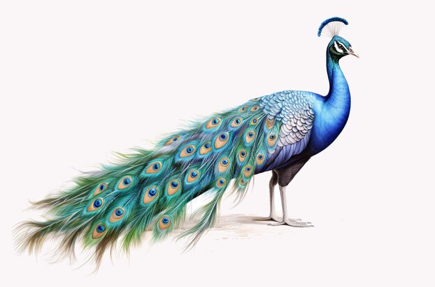 Foto profilo laterale di un bellissimo pavone maschio acquerello digitale su sfondo bianco