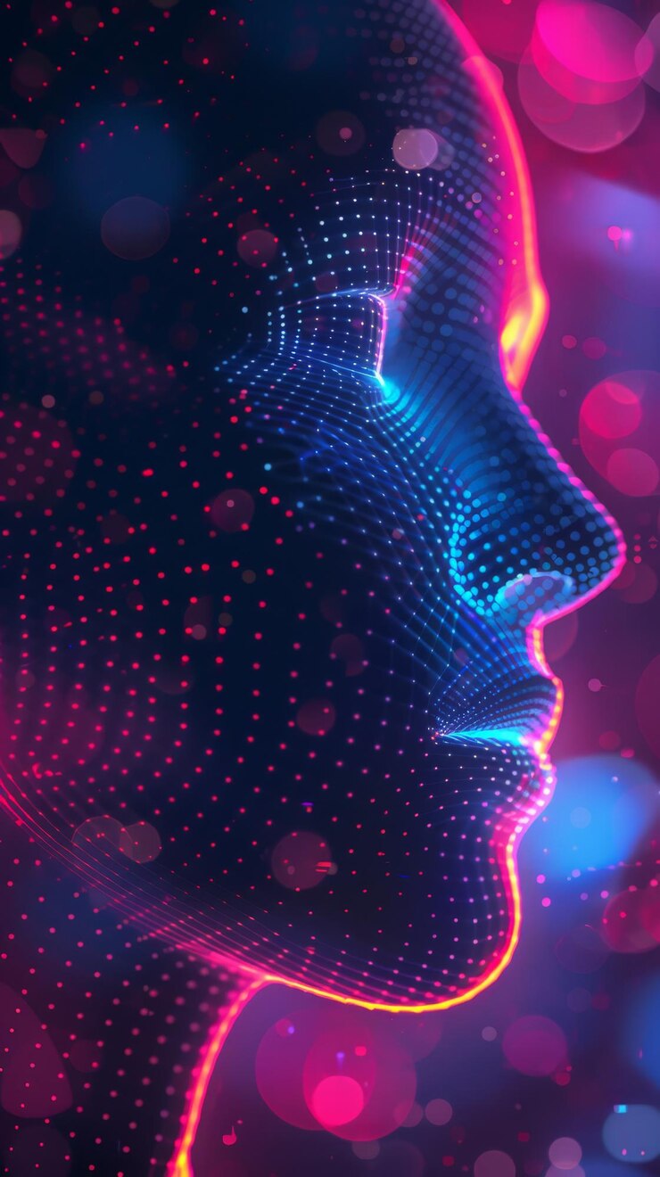 Side profile of a digital human face with vibrant neon dots and lines Futuristic concept of AI and virtual reality