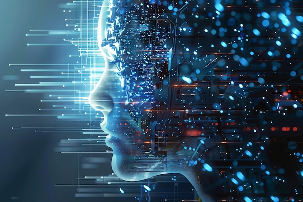 Photo side profile of a digital human head with light streams representing data flow and ai concept