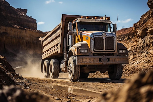 Side profile of a dump truck parked at a construction site with equipment in the background