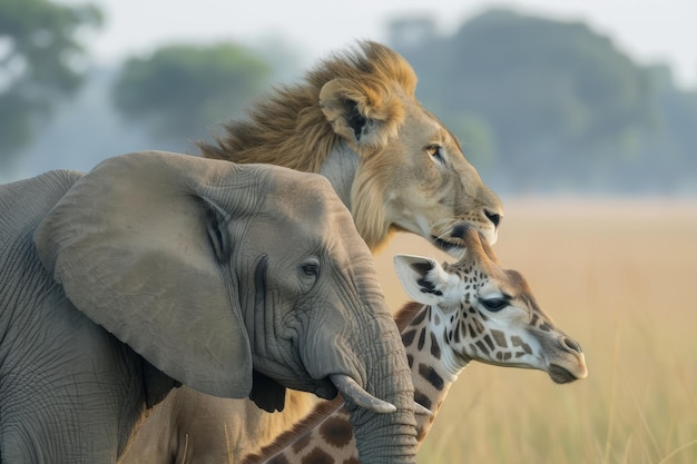 Side profile of an elephant lion and giraffe together world wildlife day