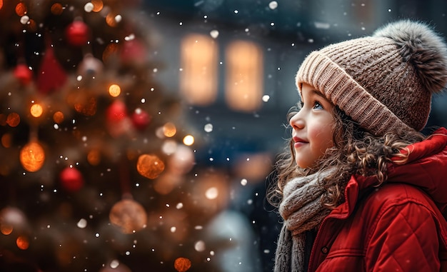 Side profile of a girl standing by a Christmas tree in the city snow in the town square