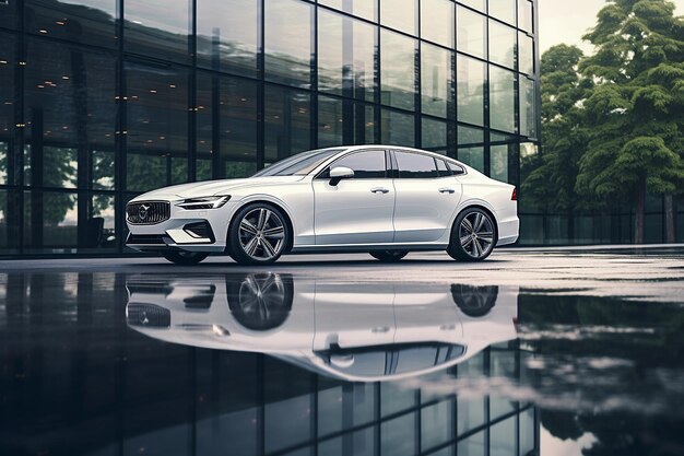 사진 side profile of a luxury car parked in front of a modern building