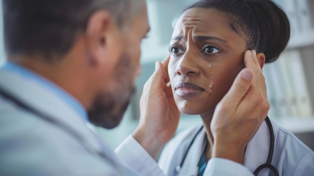 Foto un profilo laterale di un assistente medico che asciuga le lacrime dalla guancia di un paziente mostrando empatia