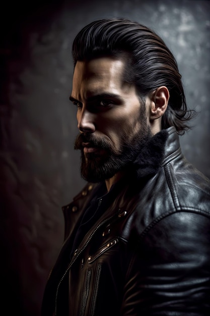 Side profile portrait man with leather jacket over dark background Fashion studio shot