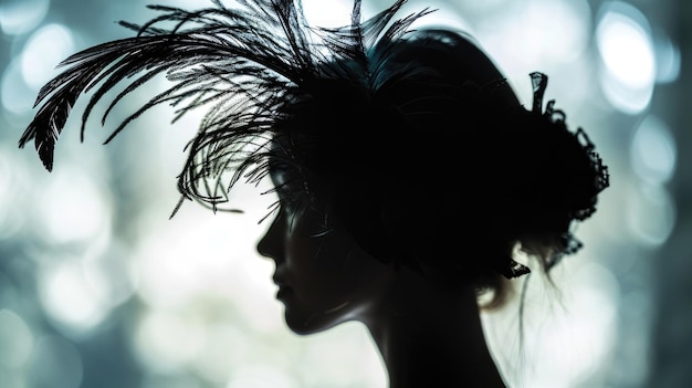 A side profile shot of a womans face with a bold pea feather headpiece p over her hair providing a