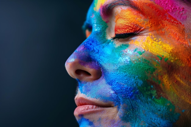 A side profile of a woman with vibrant rainbow face paint eyes closed in a peaceful expression