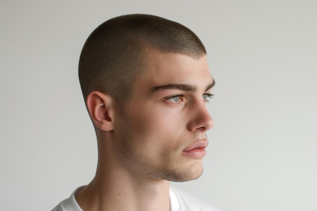 Side profile of a young man showcasing a short buzz cut against a neutral background