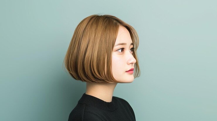 Photo 현대적인 우아함을 보여주는 부드러운 파스텔 바탕에 짧은  헤어 스타일을 가진 젊은 여성의 측면 프로필