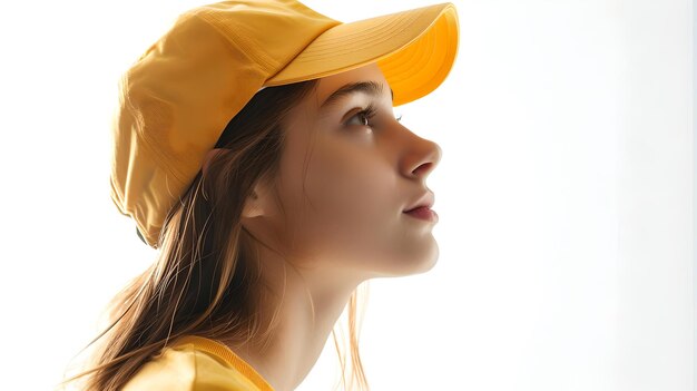 Foto profilo laterale di una giovane donna con un berretto giallo che guarda verso l'alto stile minimalista moderno perfetto per la pubblicità di abbigliamento casual ai