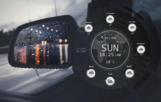 Side rear view mirror during hard rain fall with weather forecast interfaceGlobal internet application technology and rainy season concept background