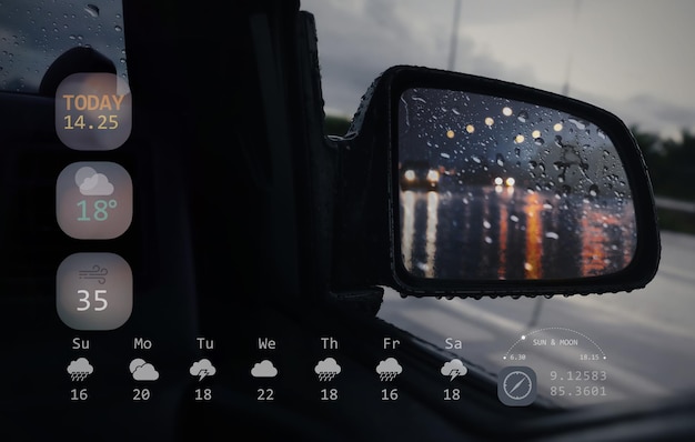 Side rear view mirror during hard rain fall with weather forecast interfaceGlobal internet application technology and rainy season concept background