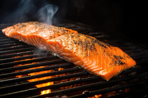 A side of salmon fillet grilling over charcoal