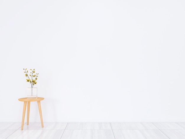 Side table and flower in empty living room interior with white walls 3D rendering