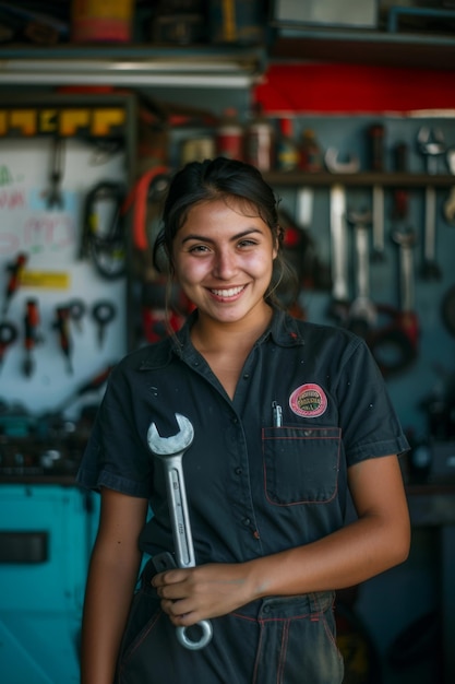 side view of 21 year old latam female Mechanic standing in front of a Mechanic shopholding a wrenc