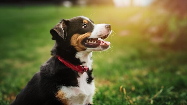 Side view of adorable mixed breed puppy looking up with copy space