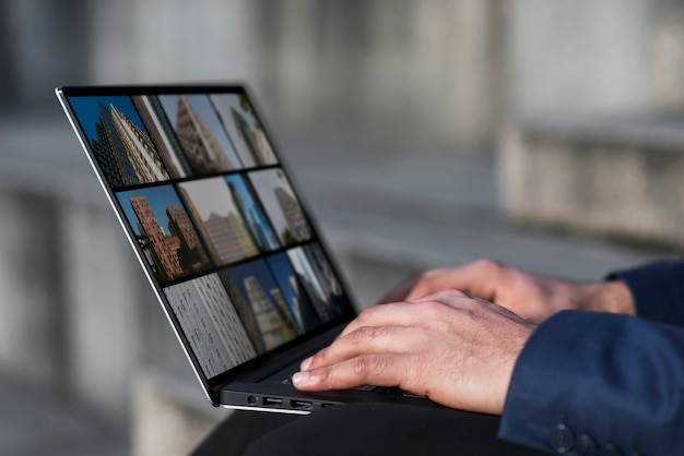 Photo side view adult searching for stock images