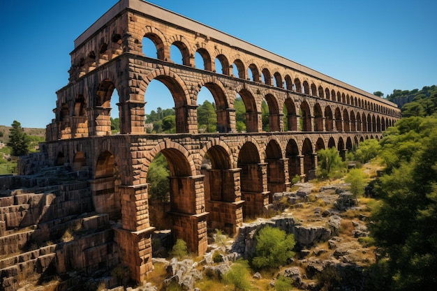 Side view to ancient arches of Pont du Gard near Nimes France High quality photo