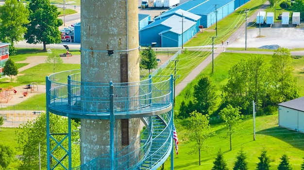 Side view of Ariel Foundation Rastin Observation Tower top of blue metal staircase aerial