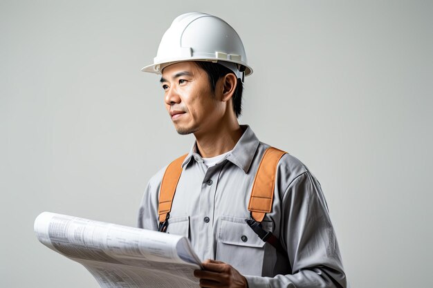 Side view of Asain male construction architect in casual shirt and hardhat