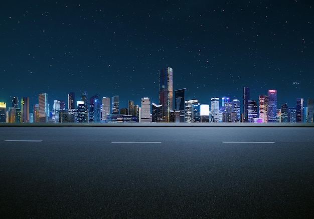 side view asphalt road on night scene near the modern city