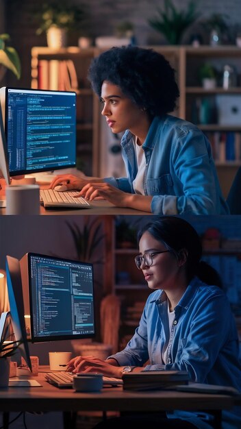 side view of attractive hispanic software developer programming using computer while working from h