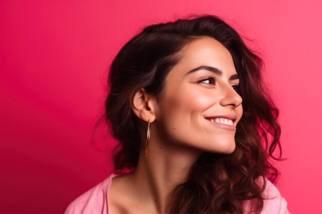 Side view of an attractive hispanic woman feeling happy in front of a bright pink background