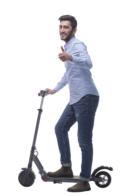 Side view attractive young man with an electric scooter