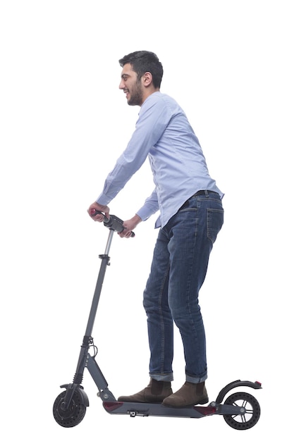 Side view attractive young man with an electric scooter