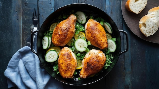 Side view baked chicken with cucumber lemon seasoning and bread on the table