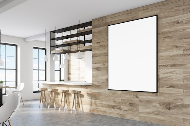 Side view of a bar interior with light wooden walls, a bar counter and a row of stools along it. There is a poster on the wall. 3d rendering, mock up